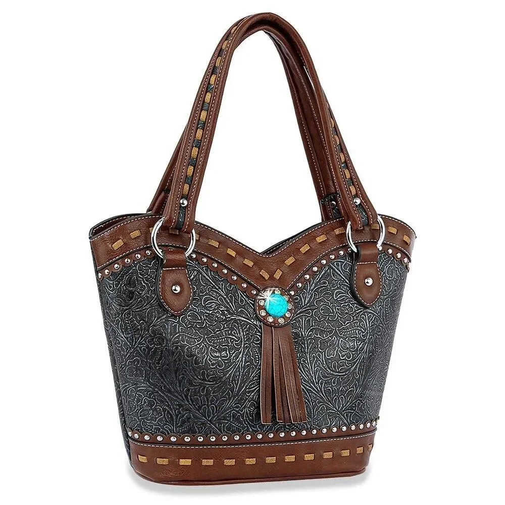 Women's Black Western Style Embossed Tote Handbag